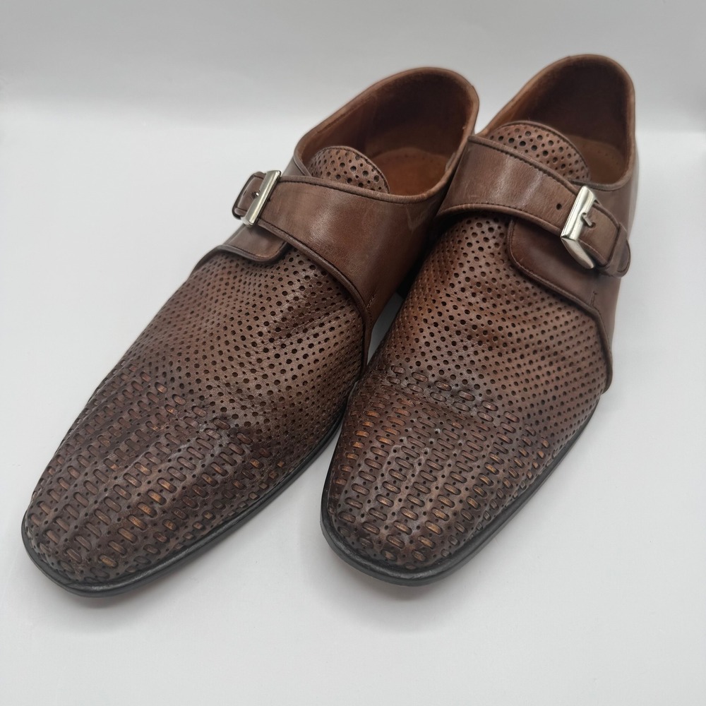 Paul Fredrick Monk Strap Loafers Mens 10 M Brown‎ Leather Woven Perforated Italy